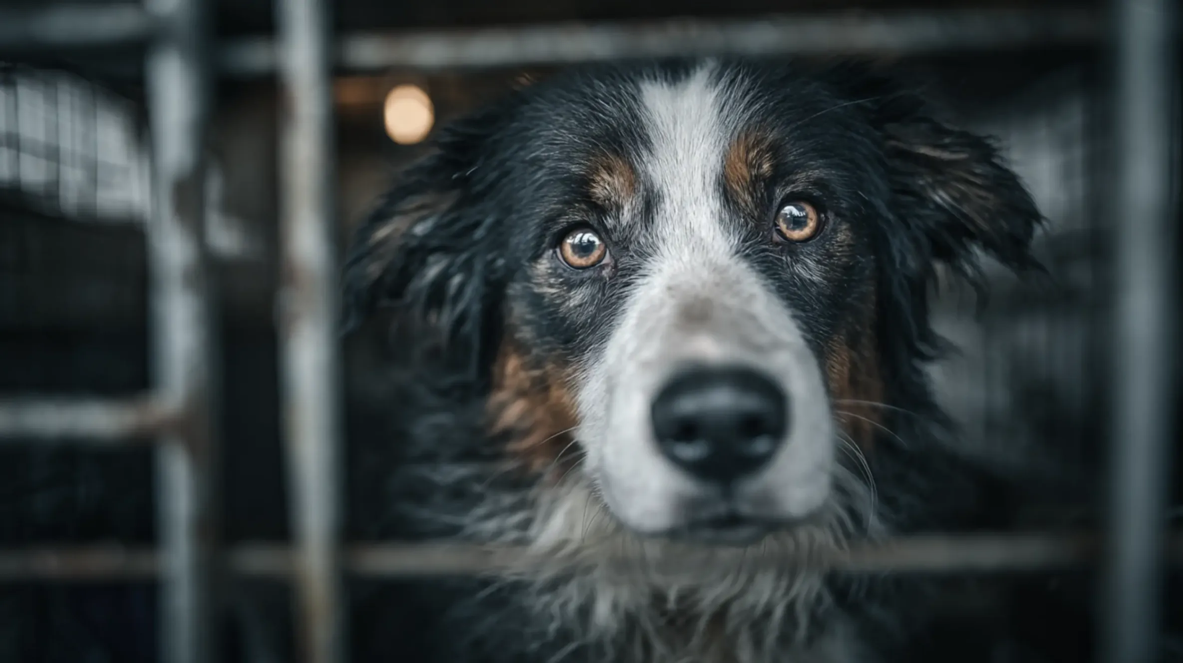 les yeux tristes d'un berger colie abandonné dans un refuge