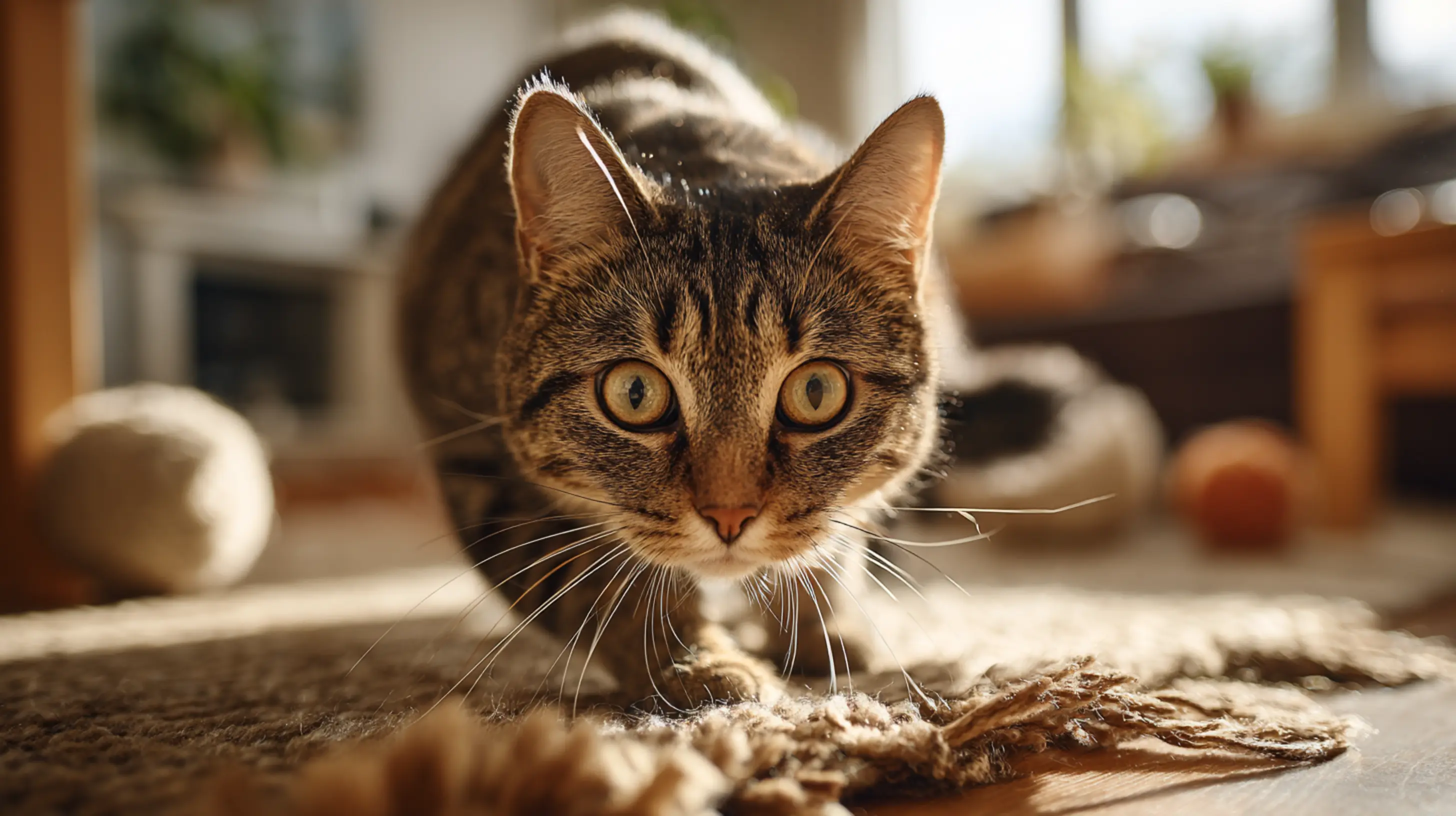 un chat qui se prépare à sauter sur un jouet