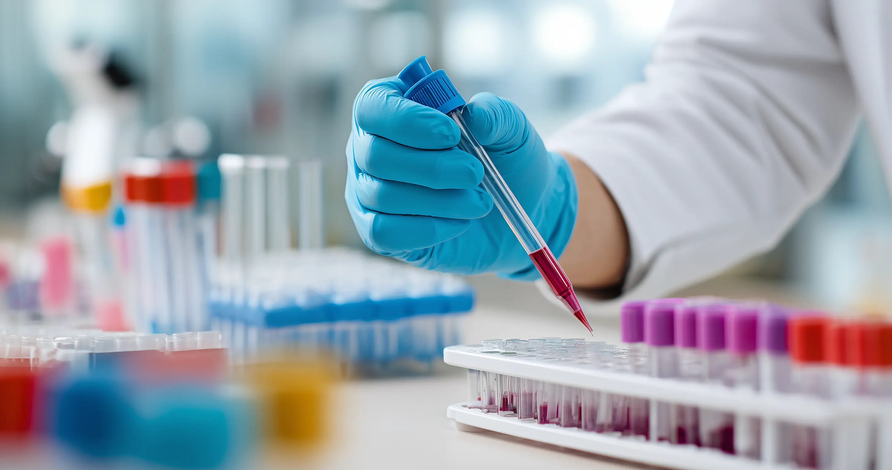 un laboratoire, vu des éprouvettes et d'une main qu iréalise des tests sanguins