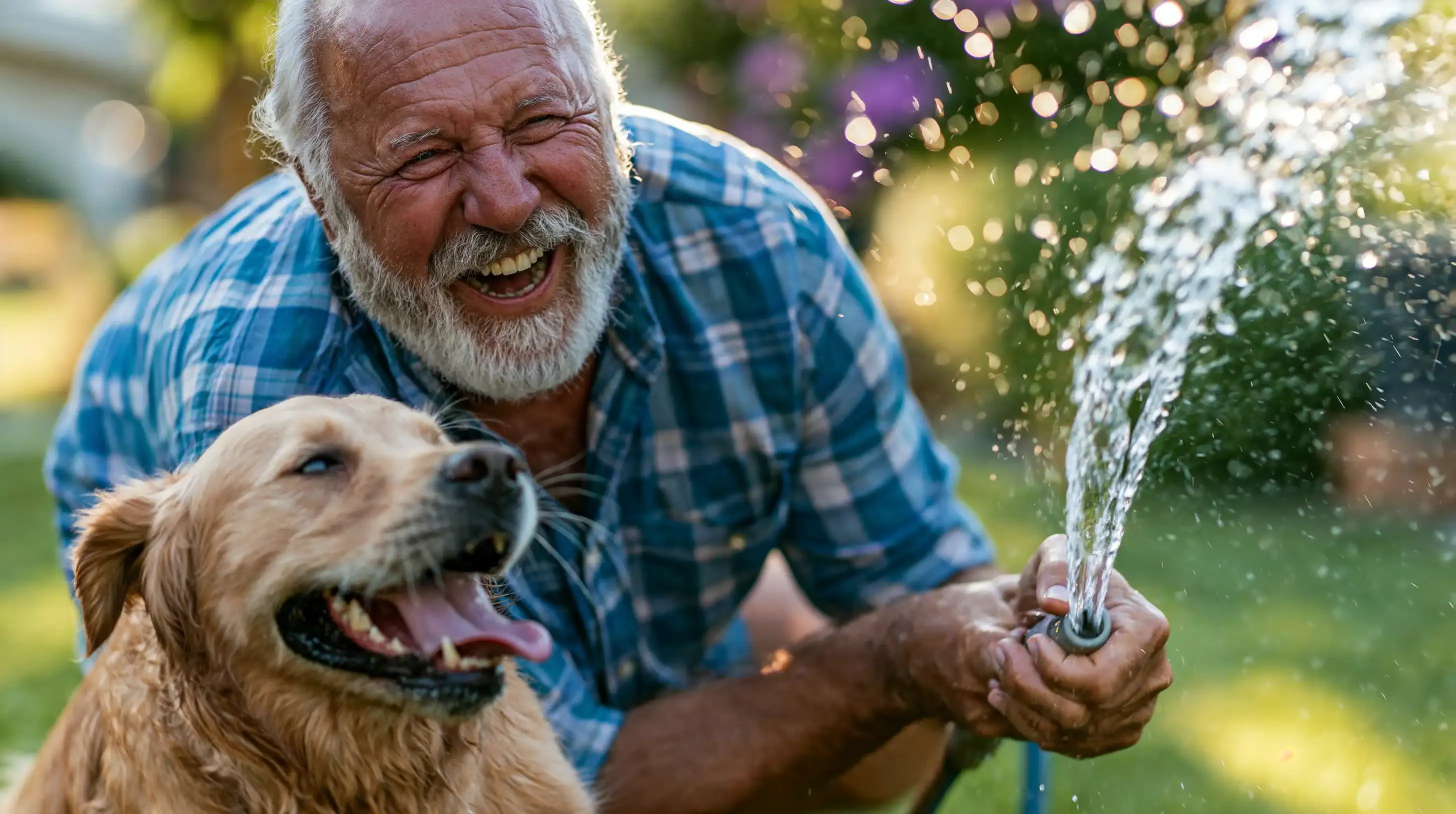 un homme agé arrose son chien labrador beige avec un tuyeau d'arrosage
