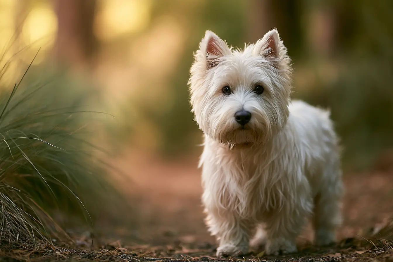 West Highland White Terrier dans une forêt