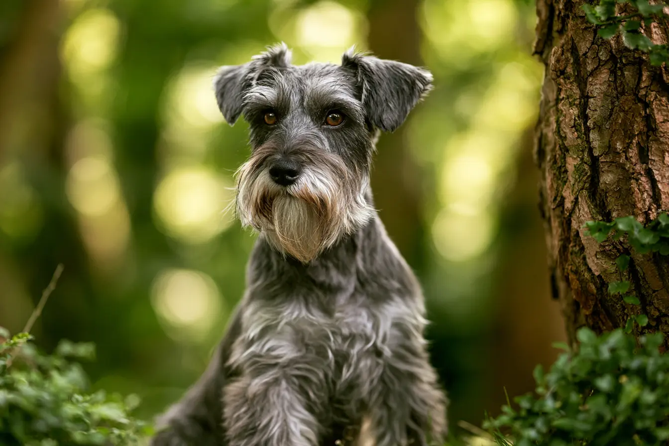 Schnauzer nain dans une forêt