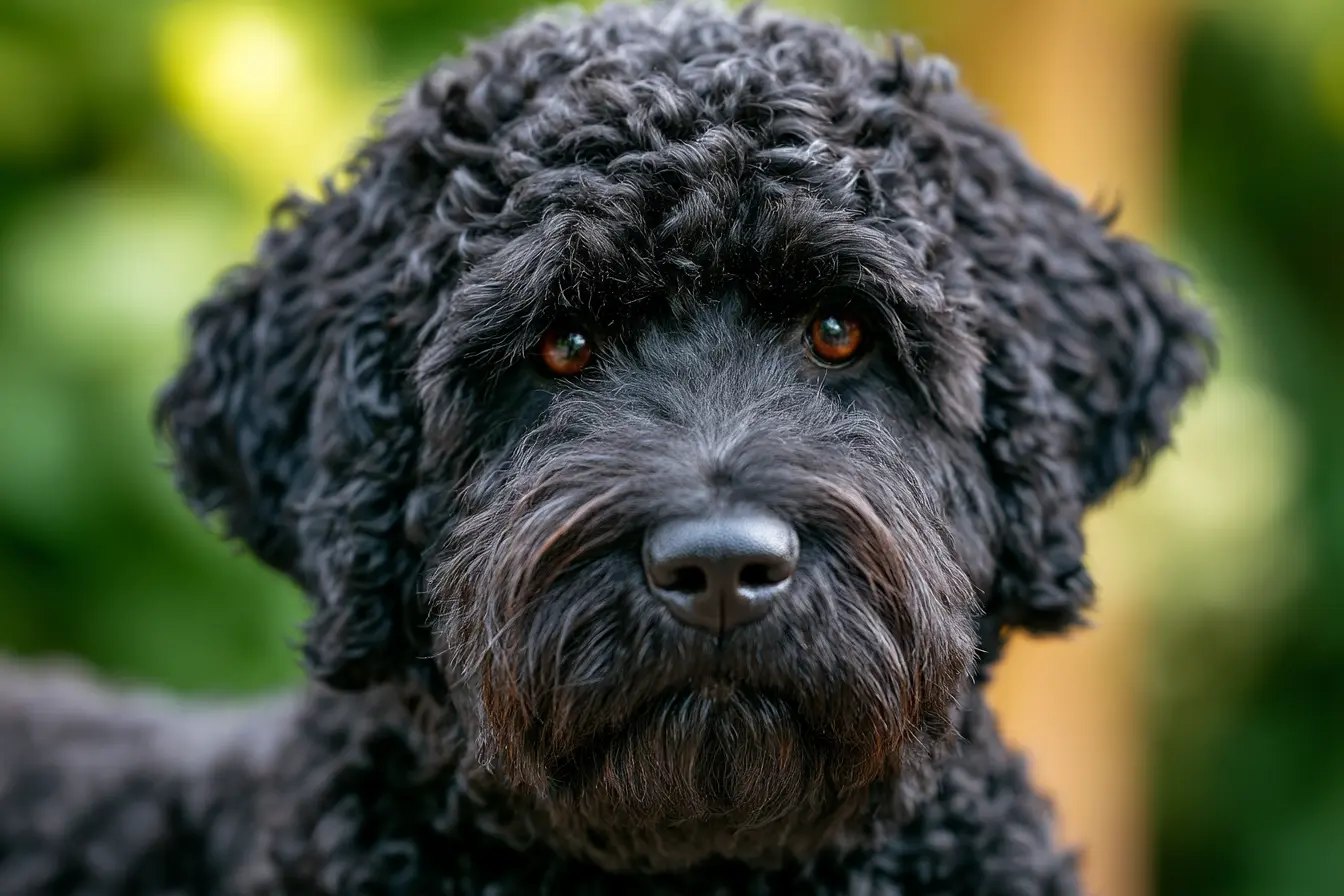 a portuguese water dog with dense, black in forest