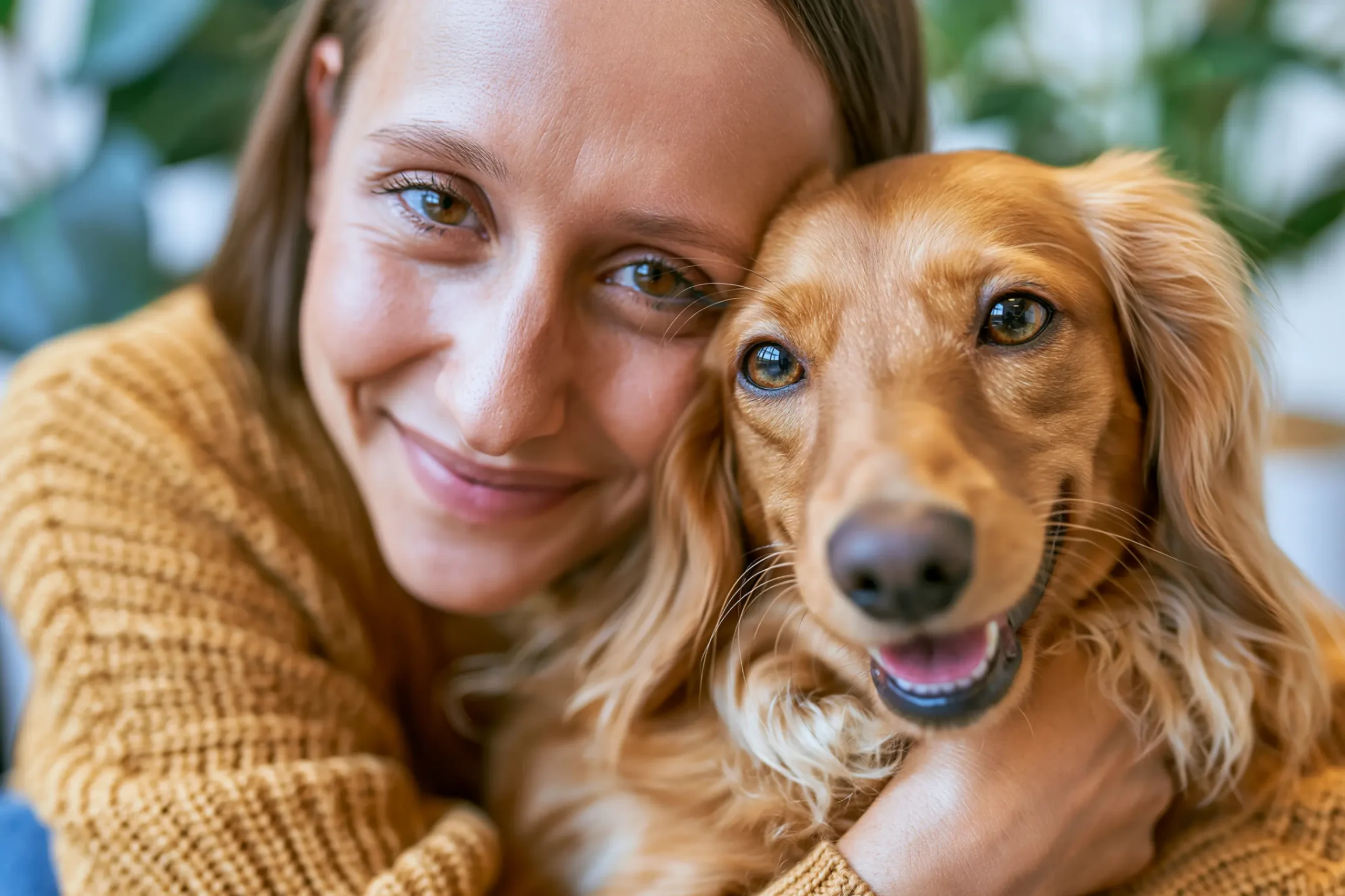 Un portrait en zoom sur le visage d'une femme qui tien son chien roux dans ses bras