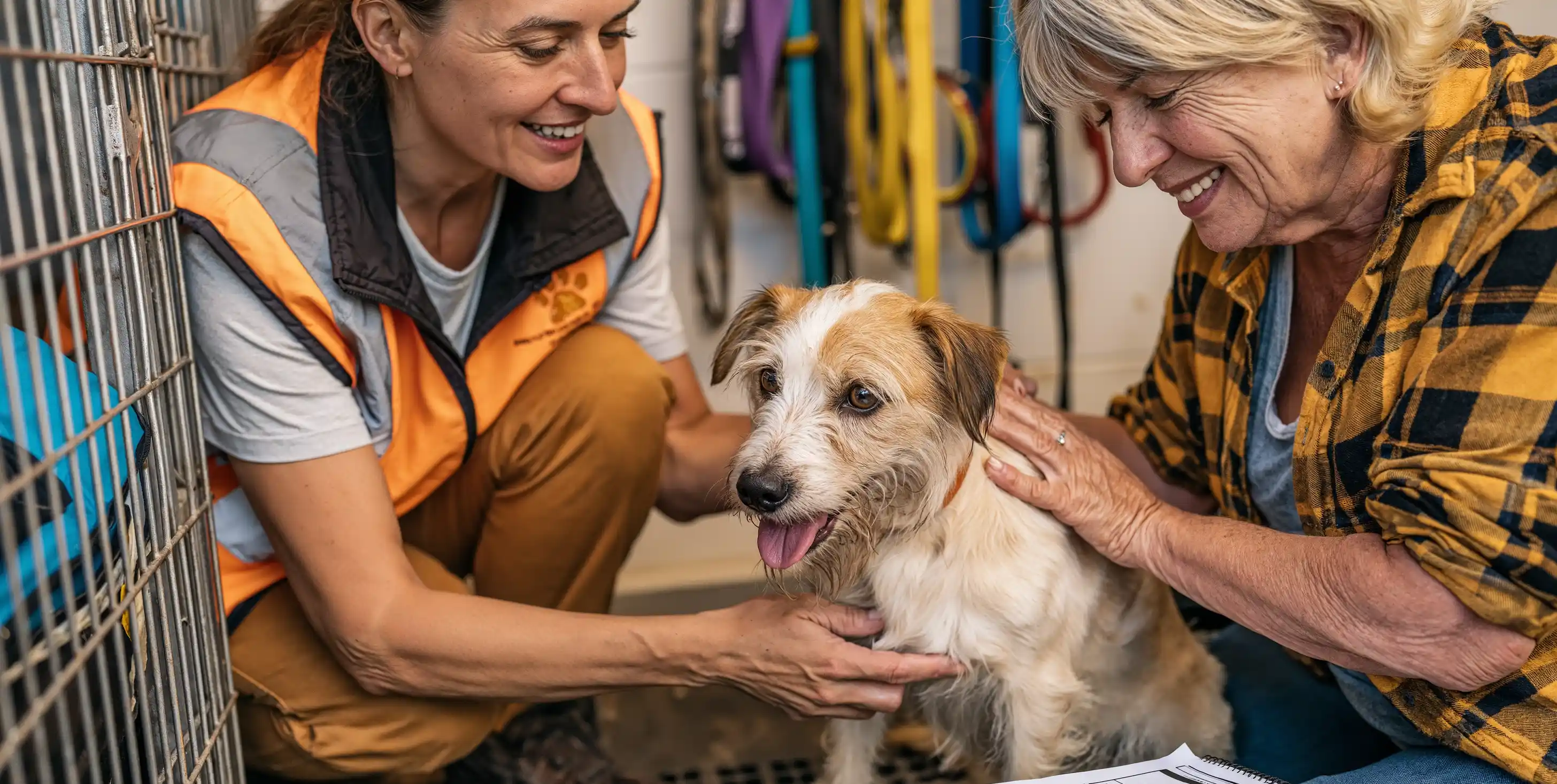 Deux femmes qui parlent au sujet d'une adoption d'un chien dans un refuge