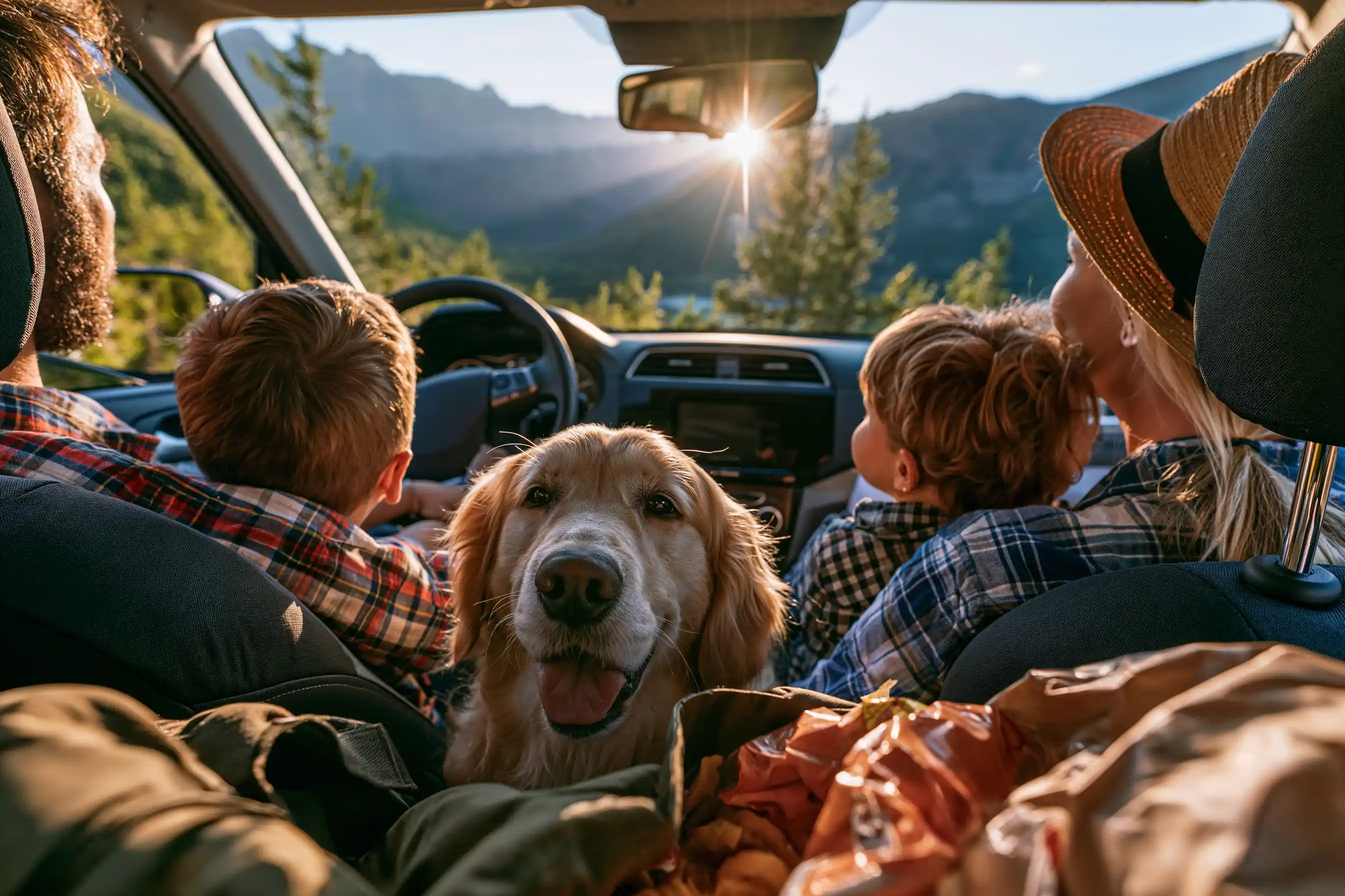 Une famille avec des enfants admire un coucher de soleil depuis sa voiture, il y a un chien au milieu des enfants