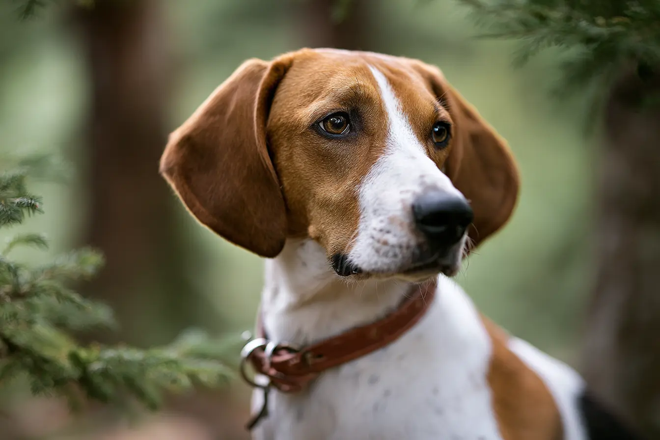 Chien courant finlandais dans une forêt