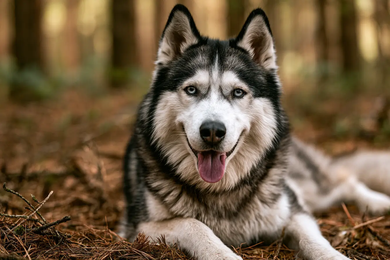 Husky allongé dans la forêt