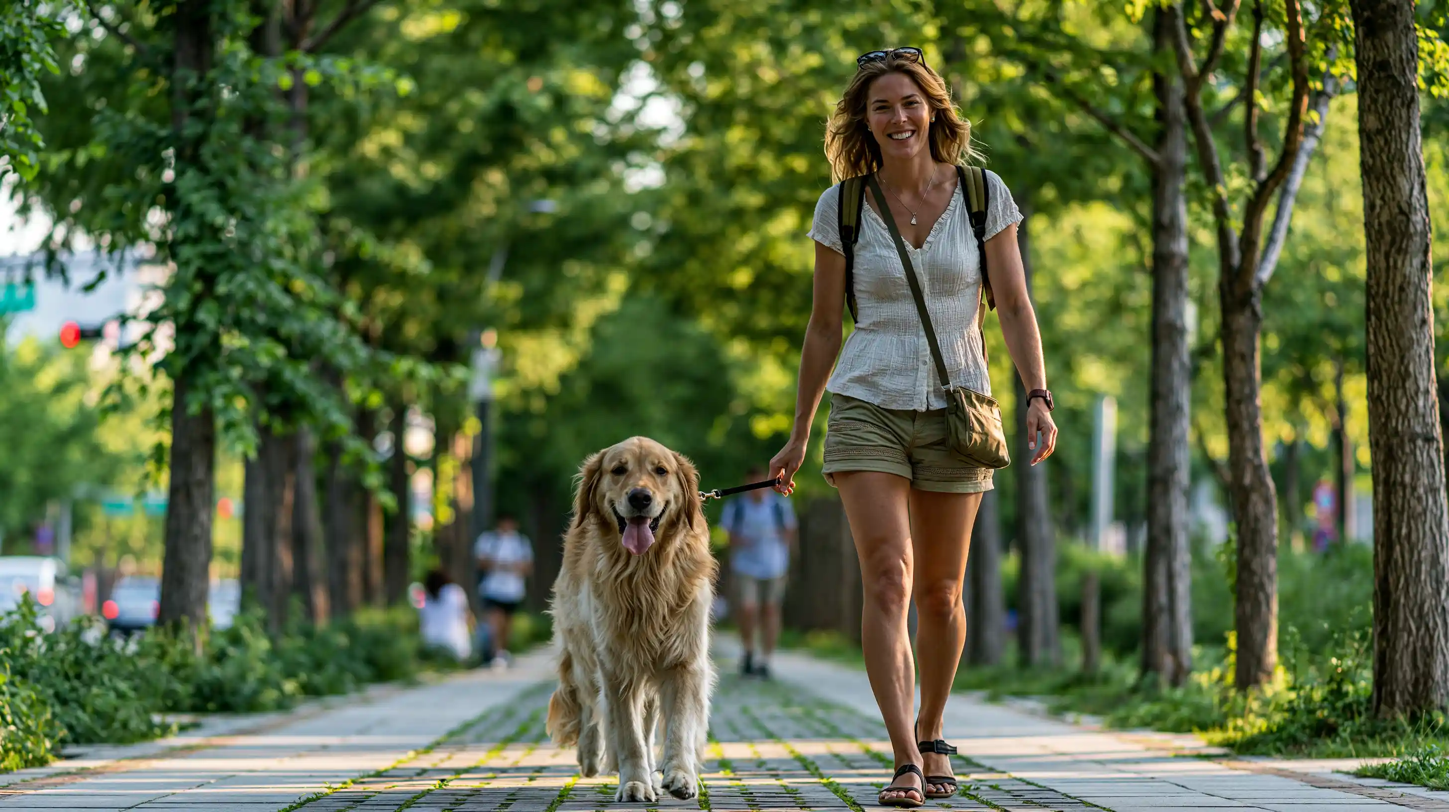 Une jeune femme se promenne avec son mlabrador au parc sous un soleil éclatant