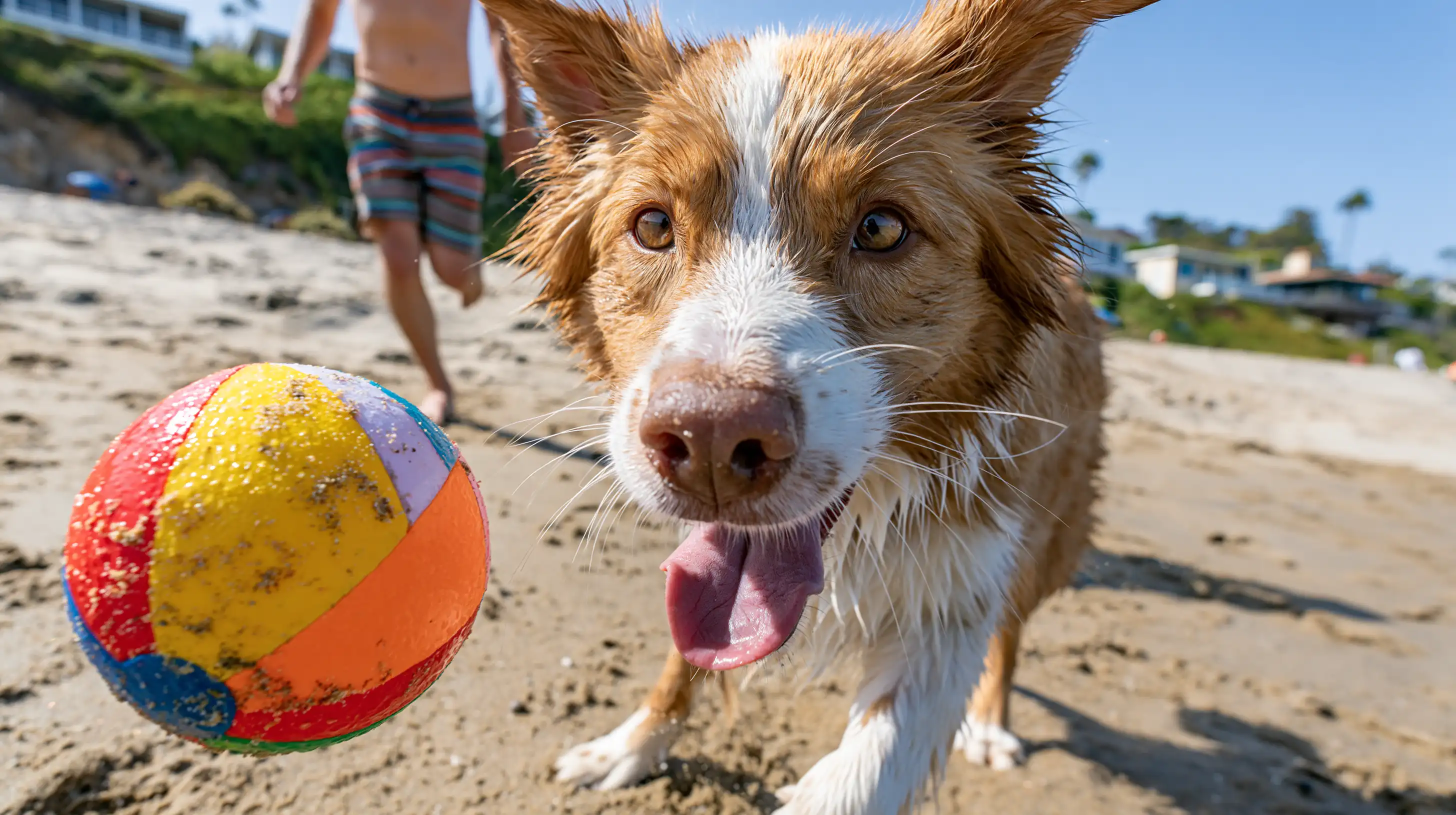 un jeu sur la plage avec le chien et un ballon multicolore