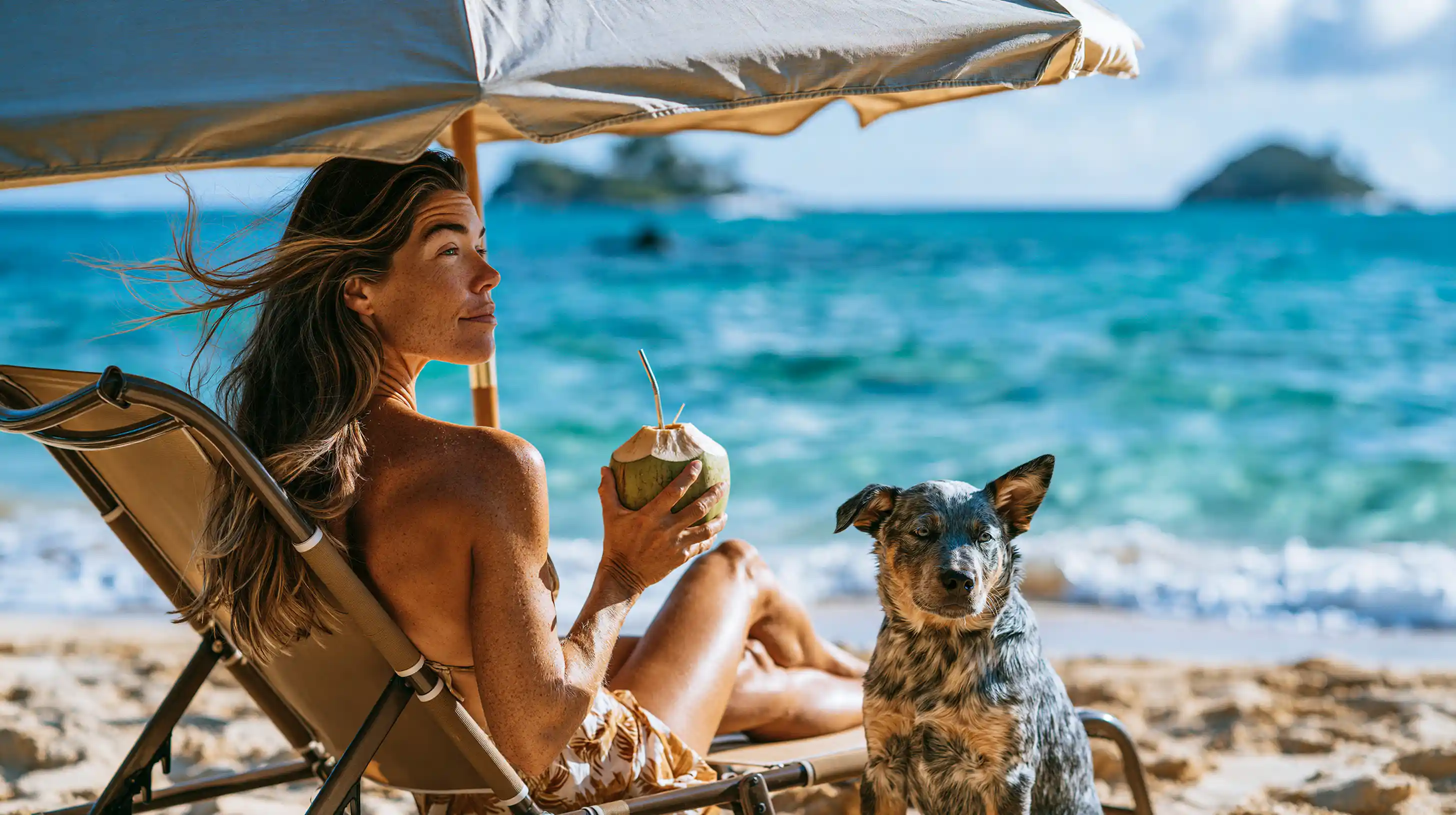 Au bord de l'océan, une jeune femme boit son lait de coco, près d'elle est assis son vieux chien