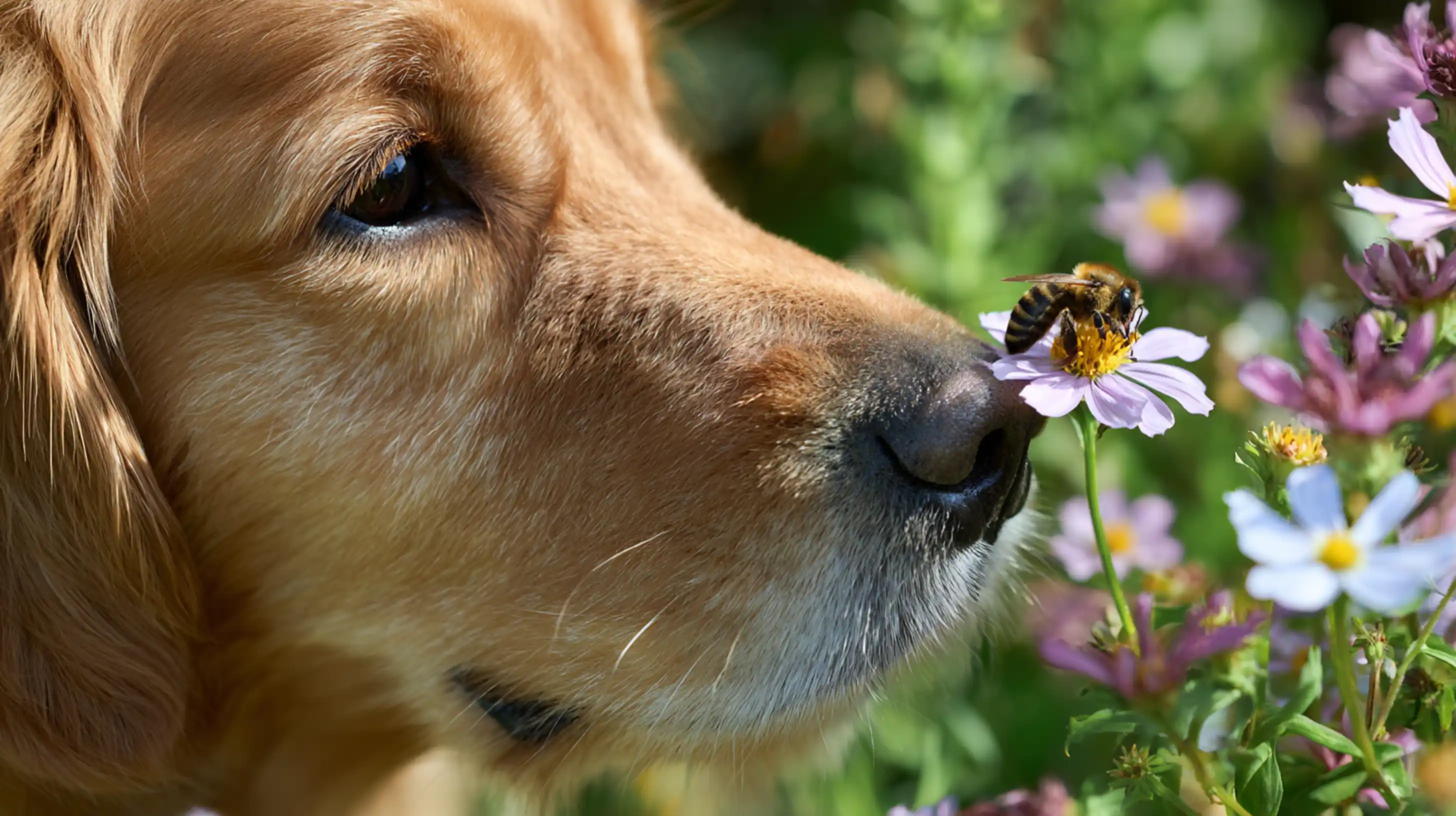 Un jeune labrador renifle des fleurs où se cache un abeille