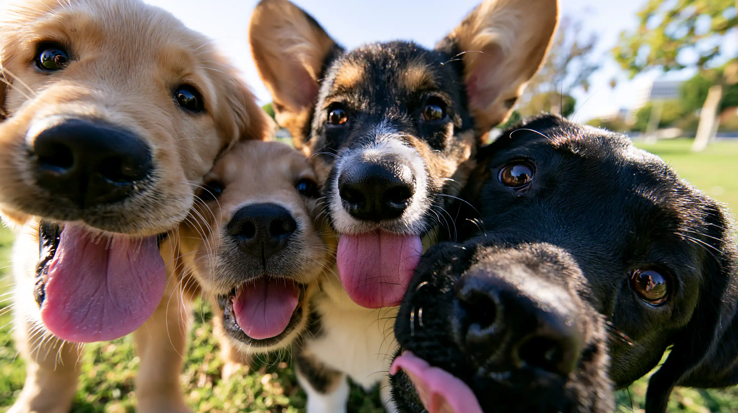 Les chiens regardent la caméra après avoir joué ensemble ils halétent et semblent heureux