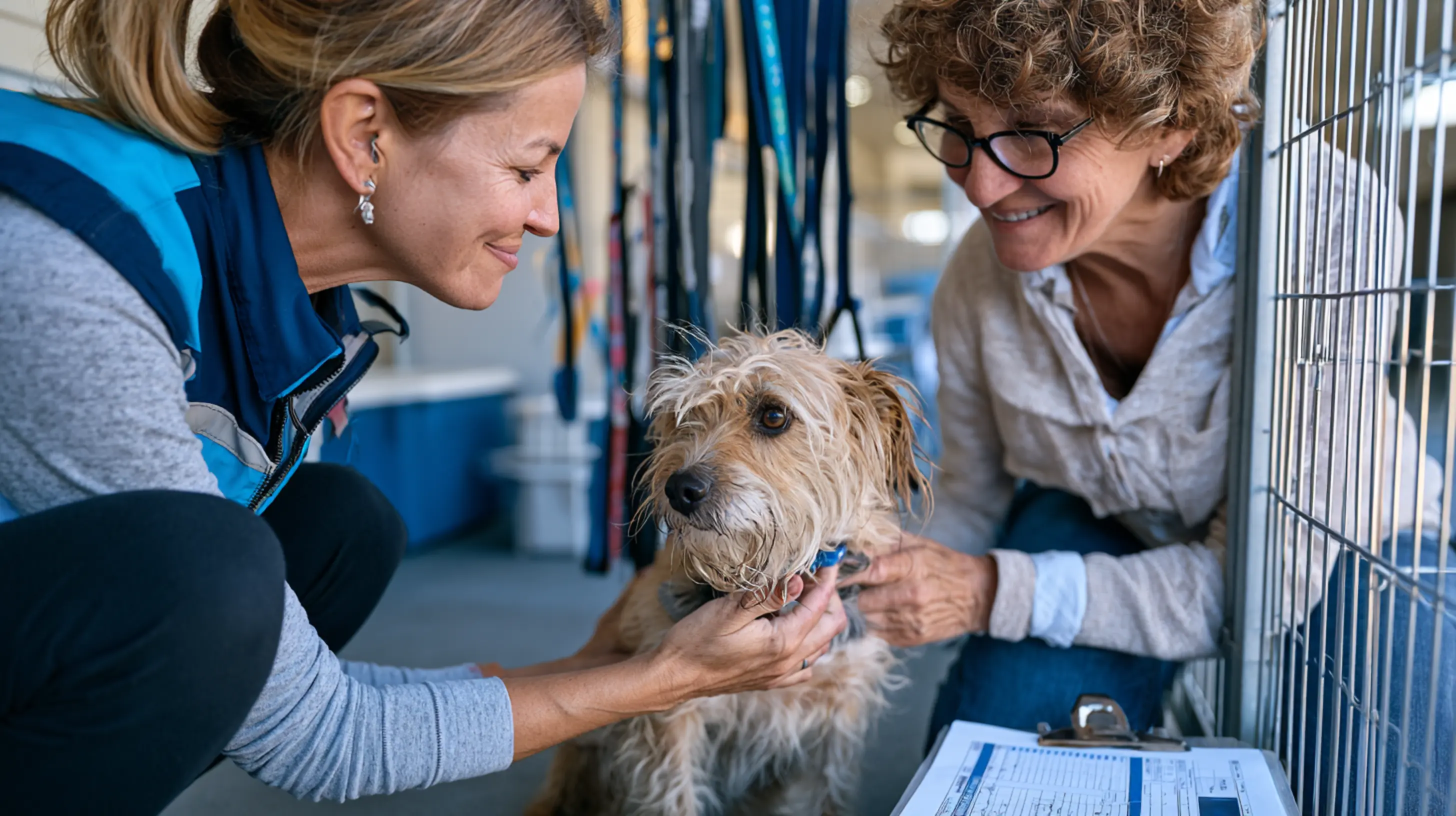 deux femmes discutent du sort d'un petit fox terrier issu d'un refuge 