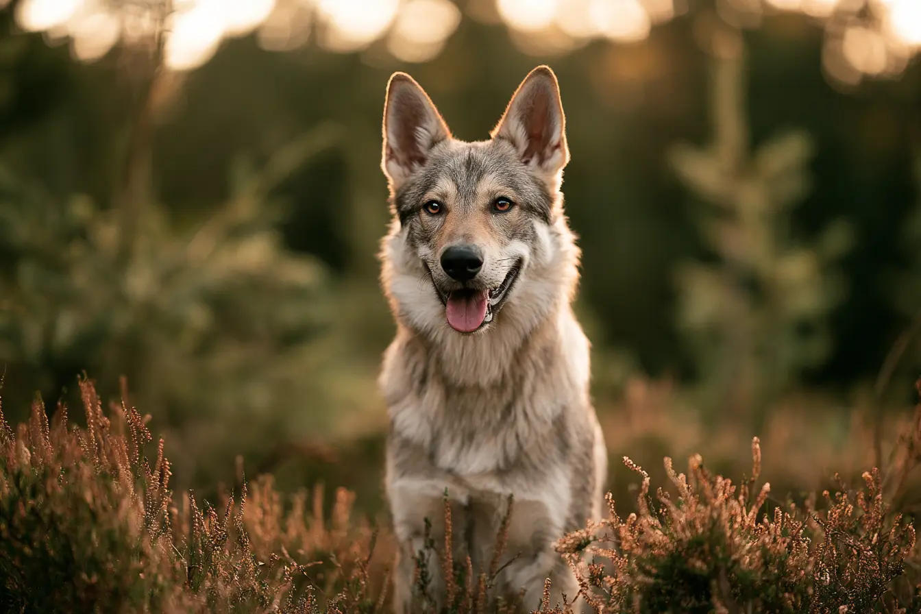 Saarloos wolfdog assis fae caméra