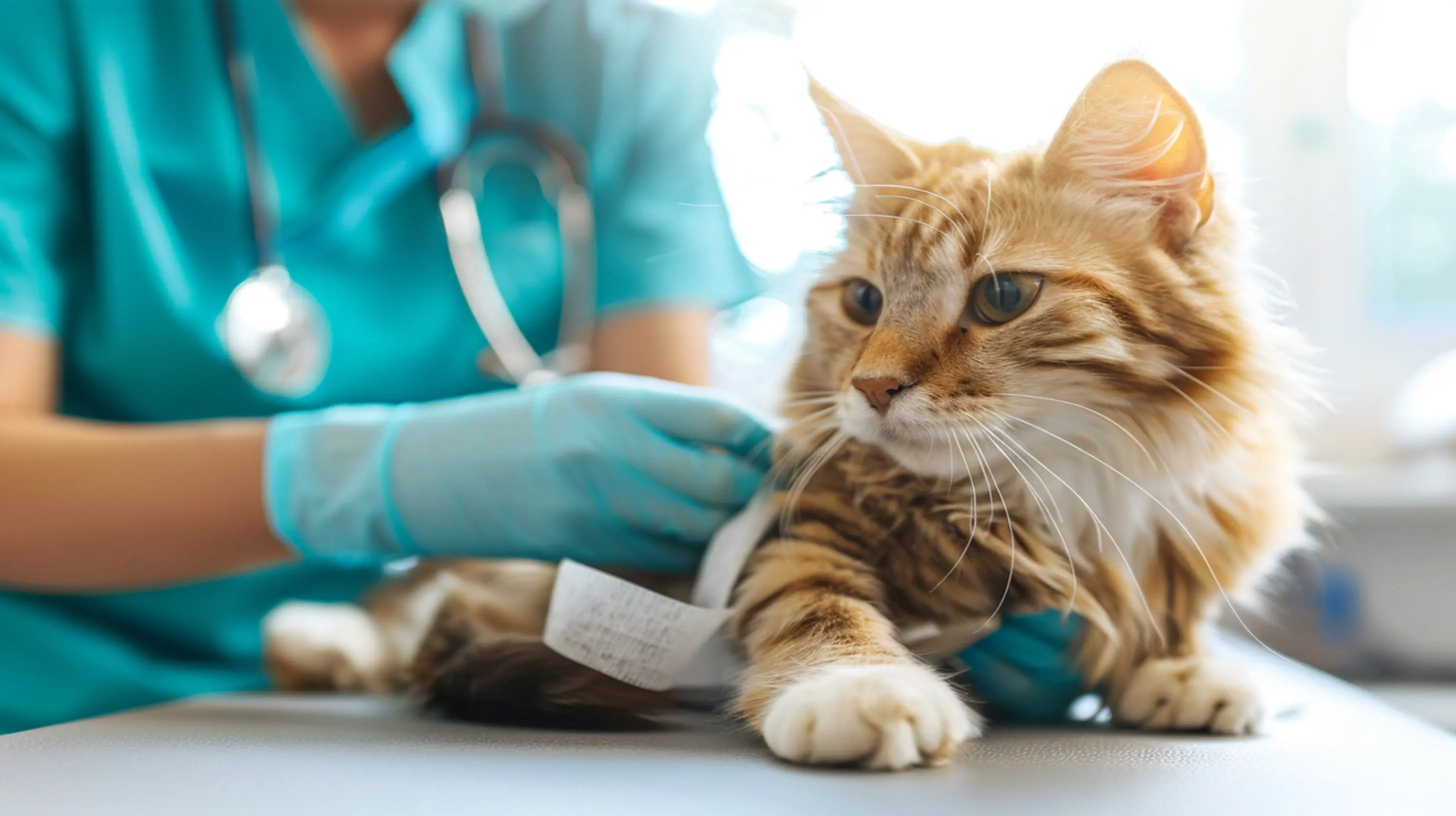 un chat en consultation chez le vétérinaire pour une fracture à la patte avant droite