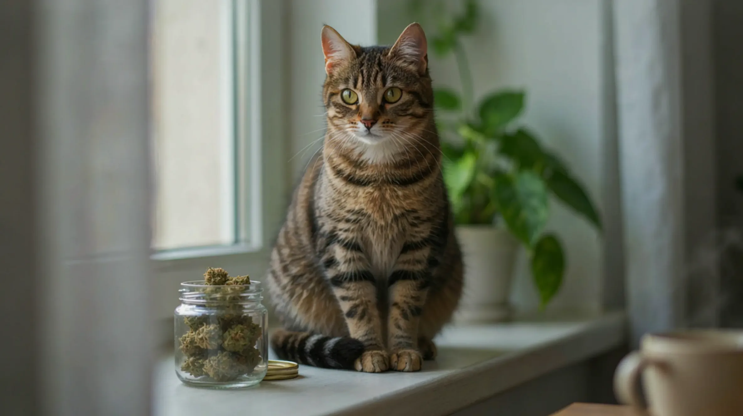 un chat assist à côté d'un bocal de cannabis