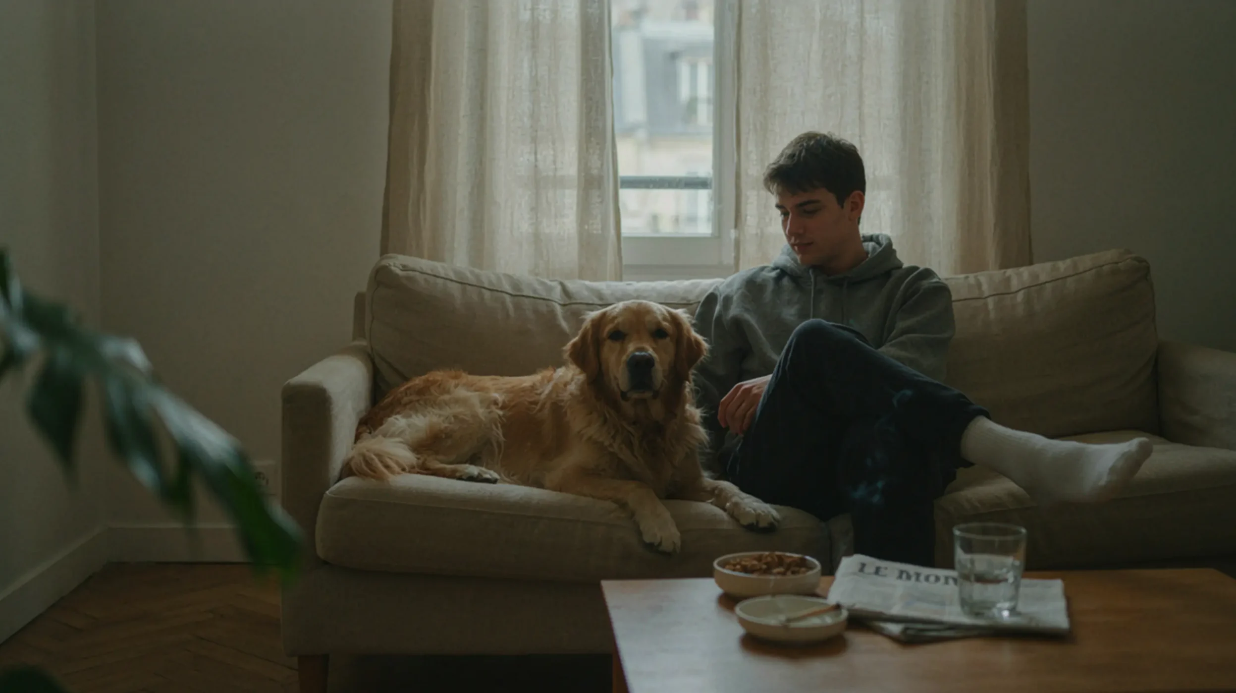 un humain qui fume du cannabis à côté de son chien dans un appartement