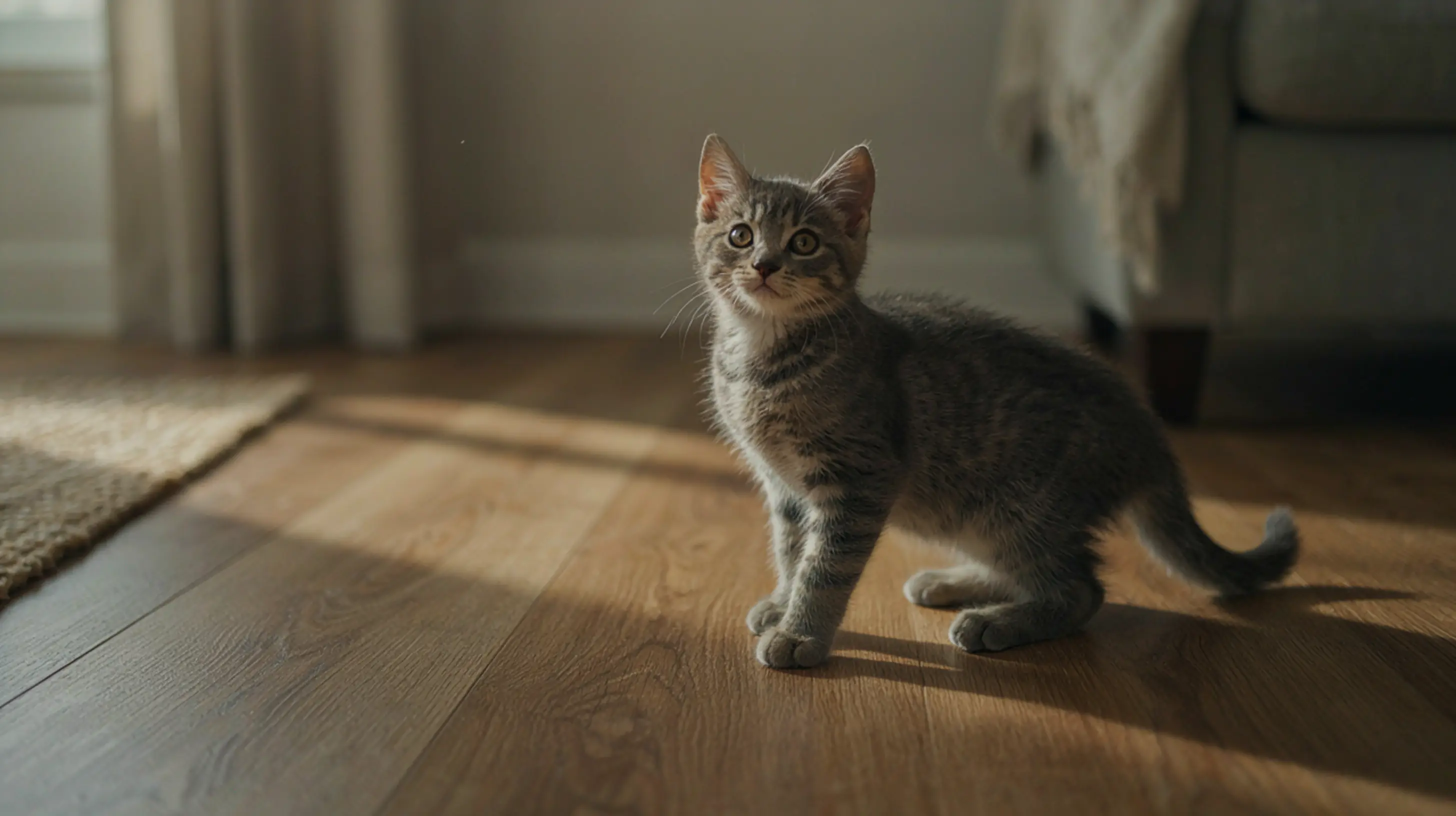 un chaton qui regader en l'air dans une maison