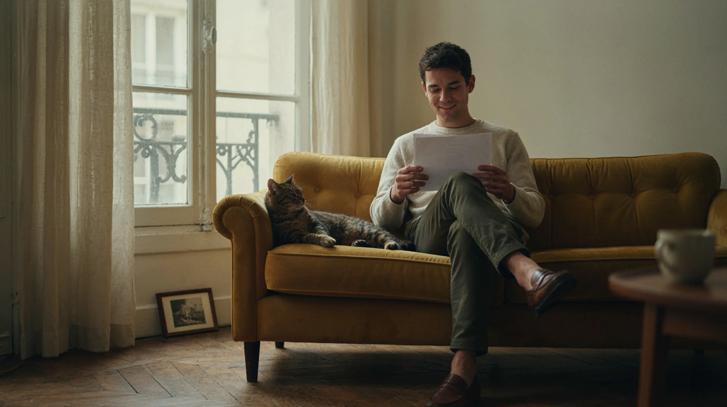 un humain qui lit un contrat d'assurance avec on chat côté de lui