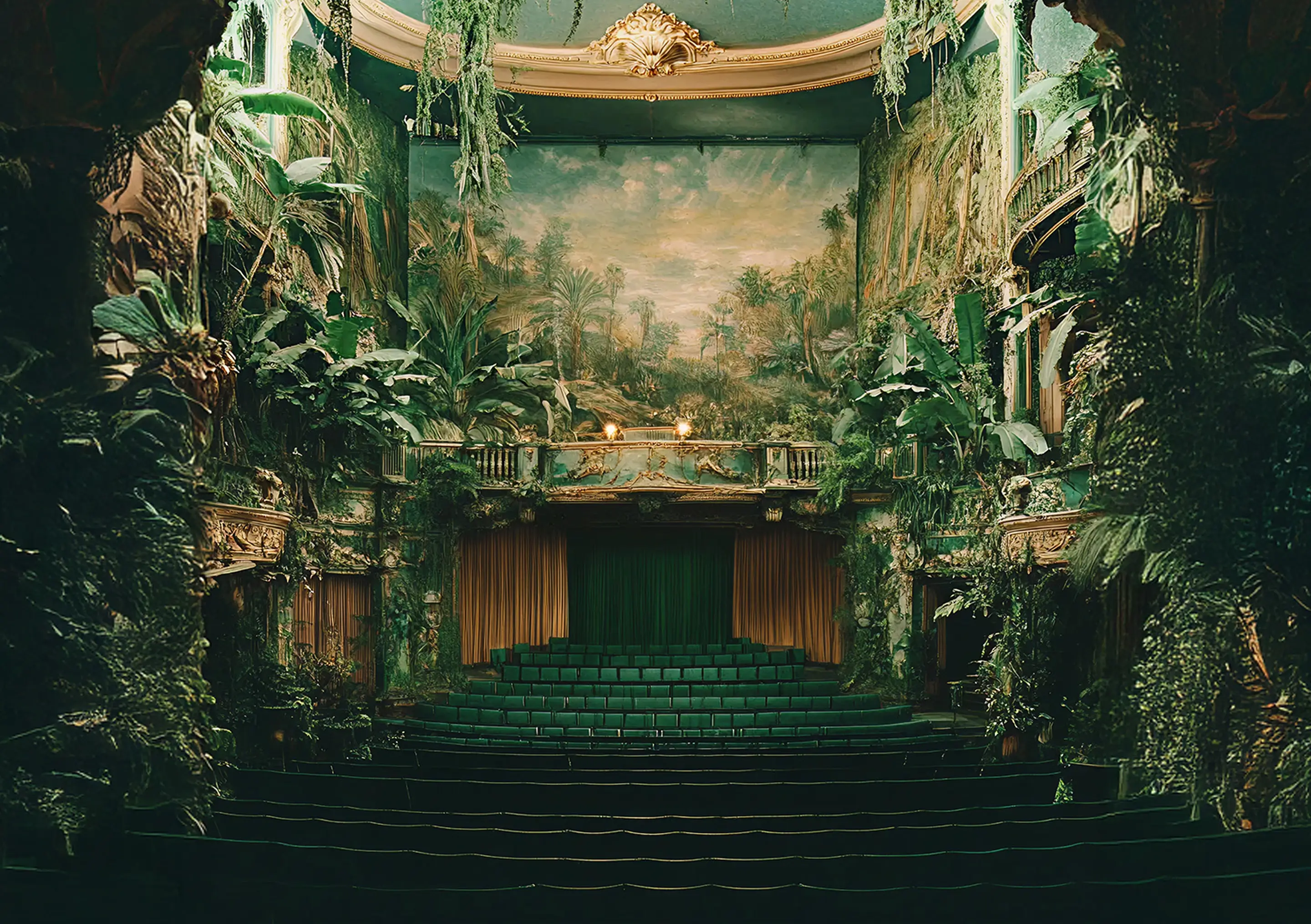 Ornate theater interior with lush green plants and vines covering walls and balconies, facing a stage with forest mural backdrop and green curtains.