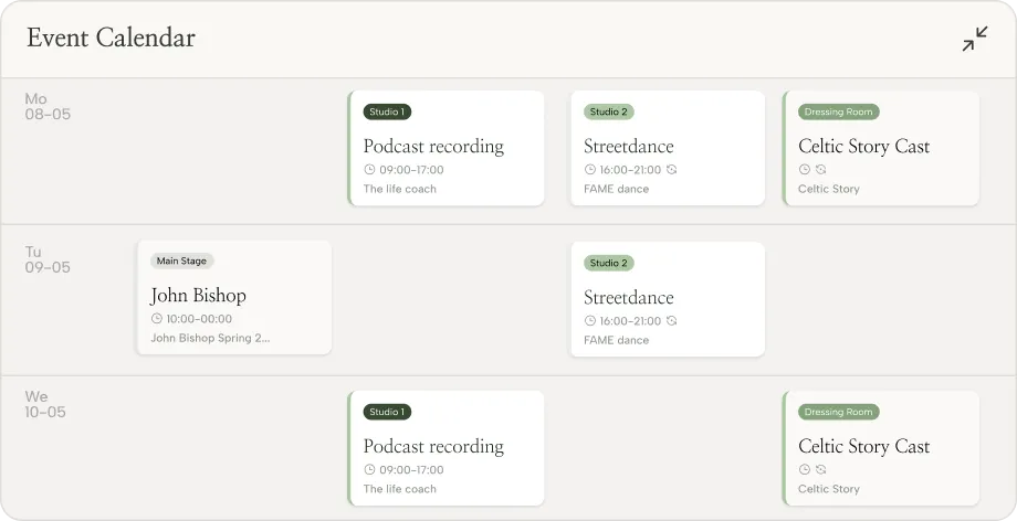 Event calendar showing scheduled activities from Monday to Wednesday including podcast recording, streetdance, Celtic story cast, and a John Bishop event.