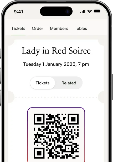 Smartphone screen displaying a green ticket app for 'The Performance' on Friday 26 November at 19:00, with a QR code and tabs for Tickets and Related Items.