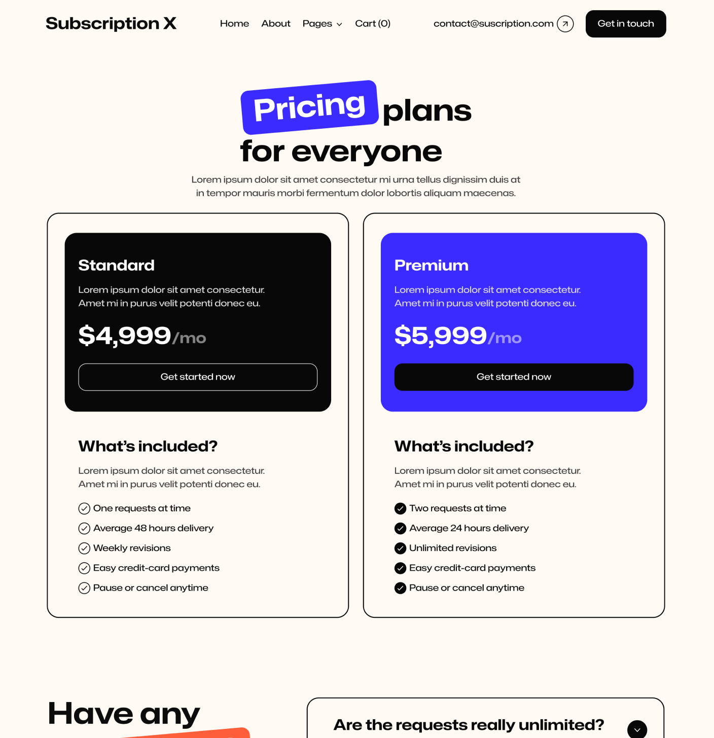 Subscription X - Pricing V2 Main Page Unlimited Design Agency Webflow Template