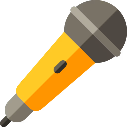 Illustration of a handheld microphone with a yellow and orange body and a gray grille.