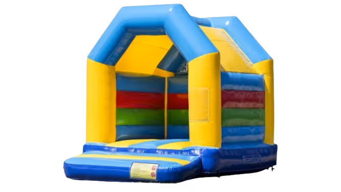 Colorful inflatable bounce house with yellow, blue, red, and green sections and an open entrance.
