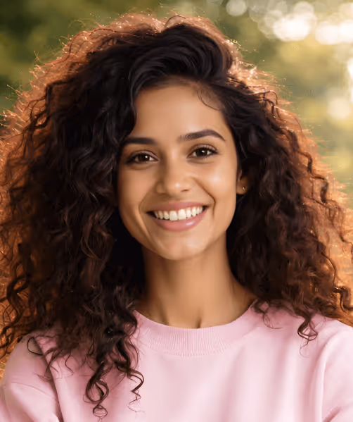 Smiling woman with long curly hair wearing a light pink sweater outdoors with a blurred green background.