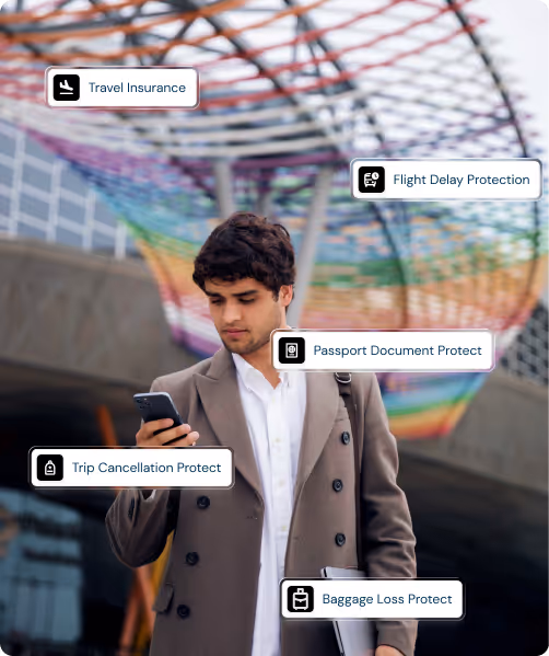 Young man in a brown coat looking at his phone with labeled icons for travel insurance, flight delay protection, passport document protect, trip cancellation protect, and baggage loss protect around him.