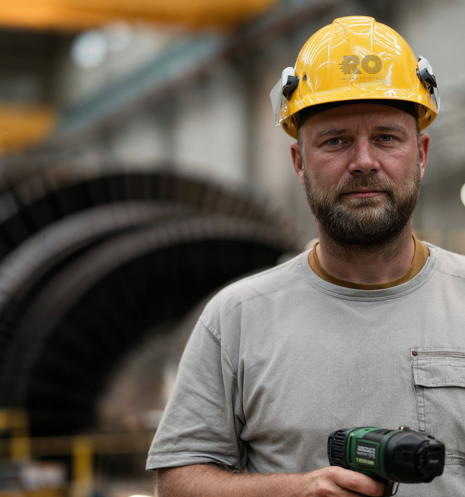 Man met gele veiligheidshelm en grijze shirt houdt een accuboormachine vast in een werkplaats.