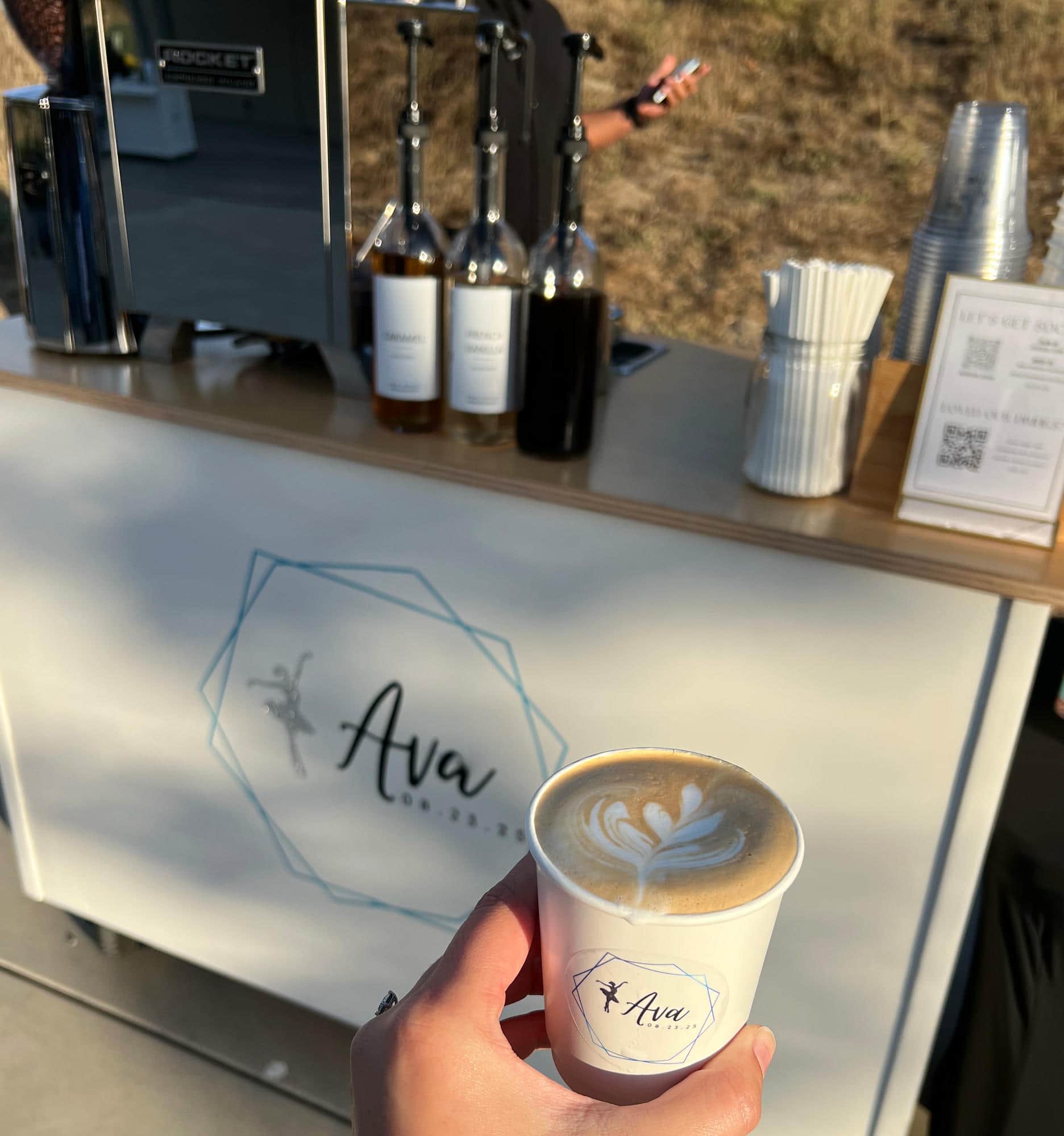 Custom cups and coffee cart at Ava event in San Francisco with Espresso Station Coffee Cart.