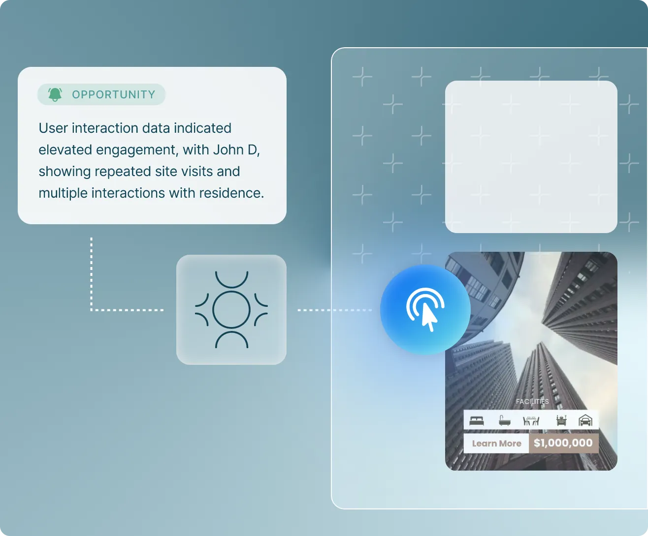 Graphic showing a user interaction data alert about elevated engagement from John D, linked to a building image with a $1,000,000 price tag and facility icons.