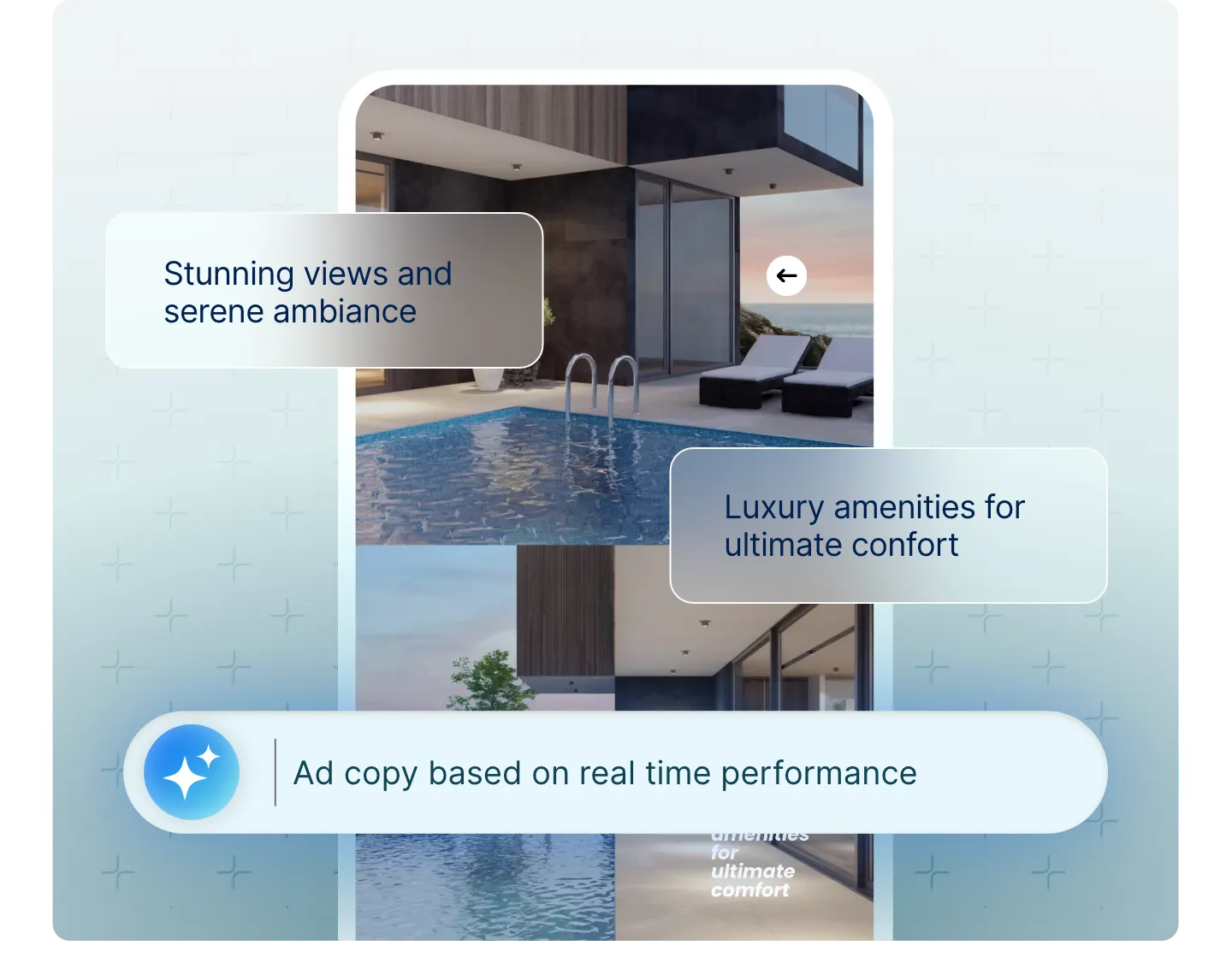 Mobile screen showing a modern house with a pool and lounge chairs, with text highlighting stunning views and luxury amenities for ultimate comfort.