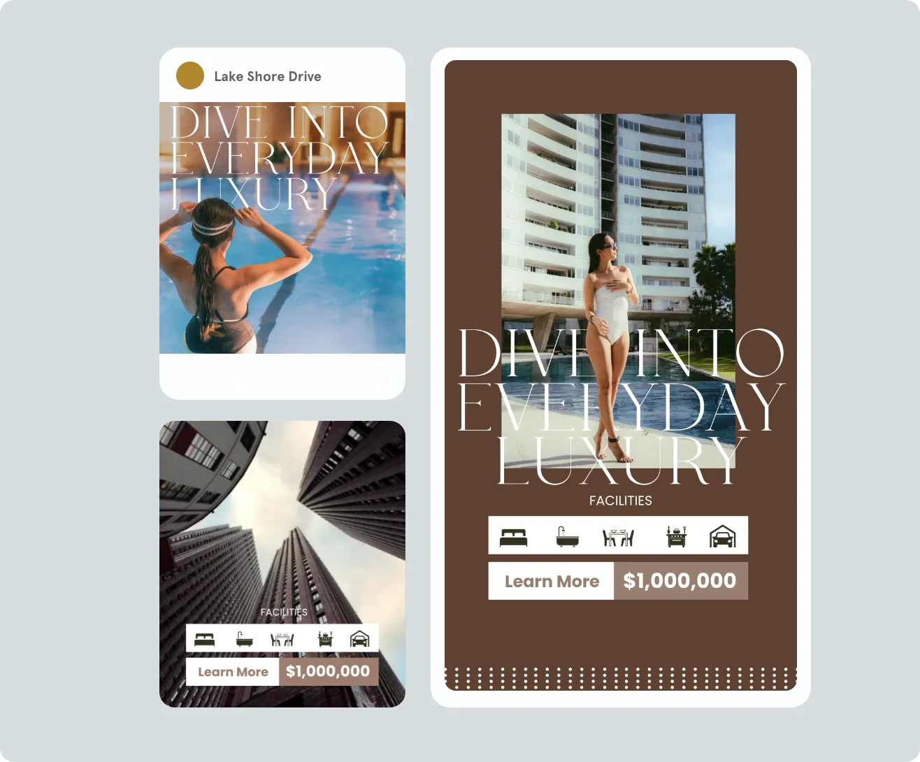 Real estate ad showing luxury apartments with amenities icons and price of $1,000,000, featuring a woman in swimsuit by pool and tall building views.