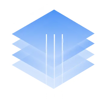 Icon of three stacked translucent blue layers with vertical white lines on a black background.