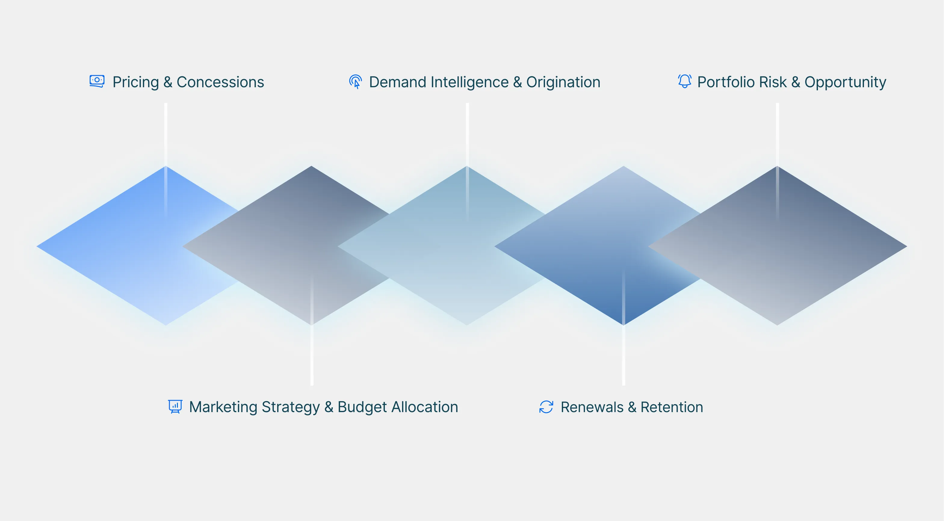 Diagram with five overlapping blue diamonds representing business areas: Pricing & Concessions, Demand Intelligence & Origination, Portfolio Risk & Opportunity, Marketing Strategy & Budget Allocation, and Renewals & Retention.