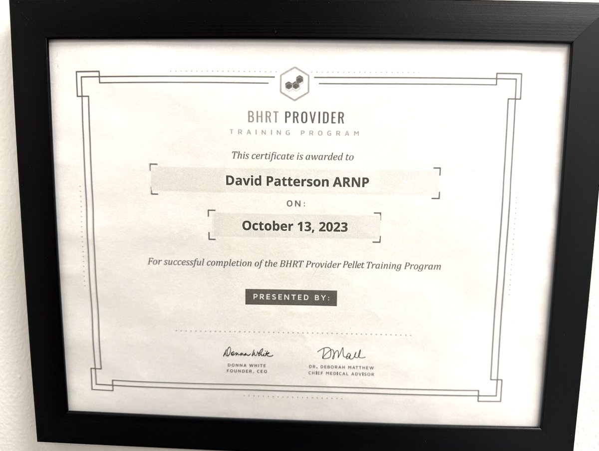 BHRT Provider Pellet Training Program certificate awarded to David Patterson, ARNP, October 13, 2023