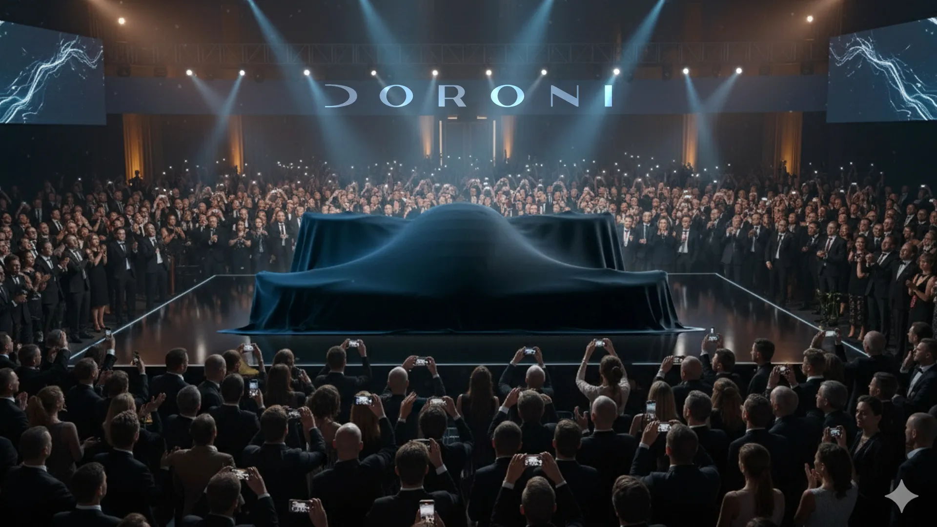 Crowd at a Doroni launch event facing a covered aircraft on stage, with spotlights and cameras illuminating the scene.