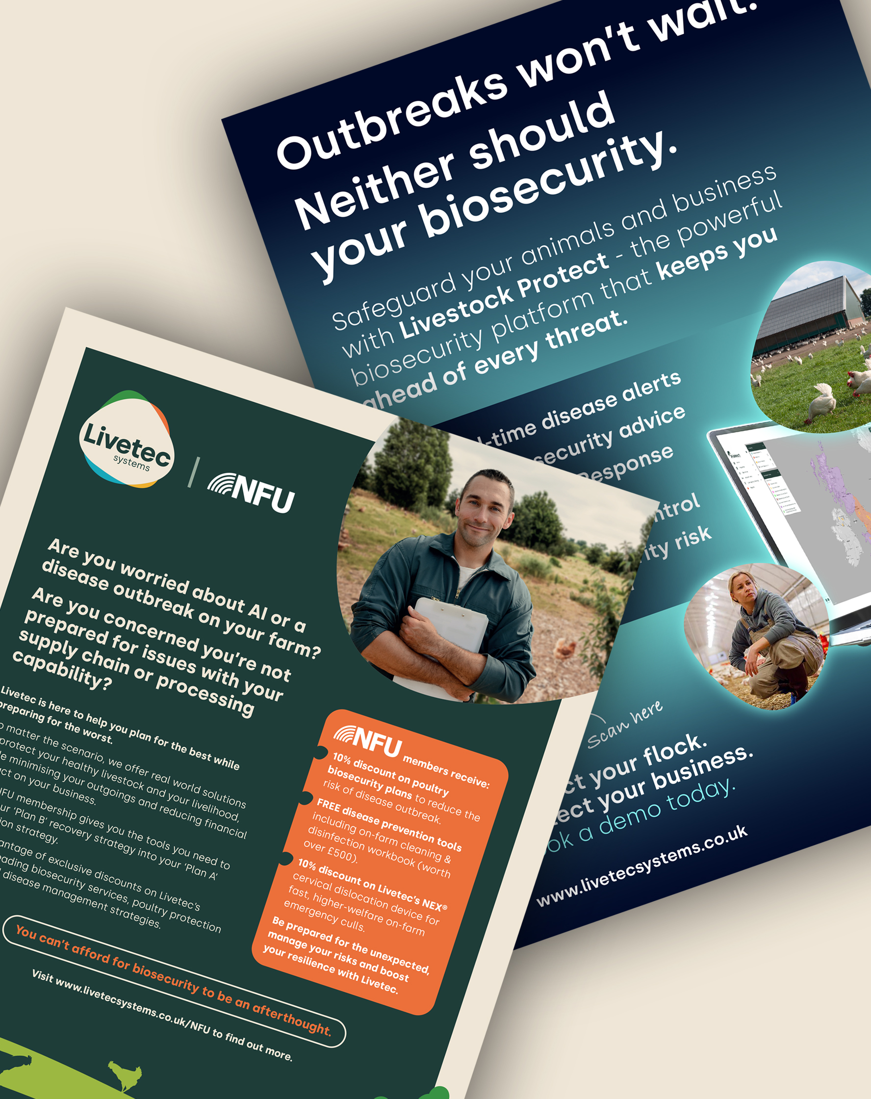 Pair of publication ads designed for Livetec Systems promoting agricultural biosecurity products