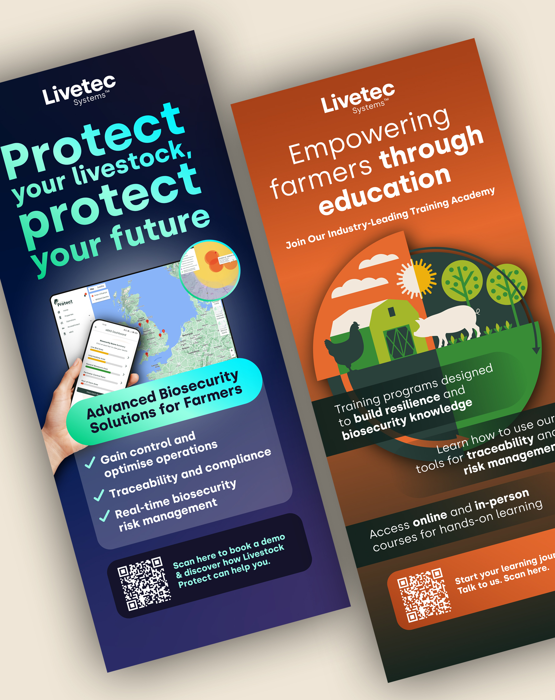 Pair of Livetec Systems roller banners created for trade shows and events, featuring agricultural biosecurity messaging