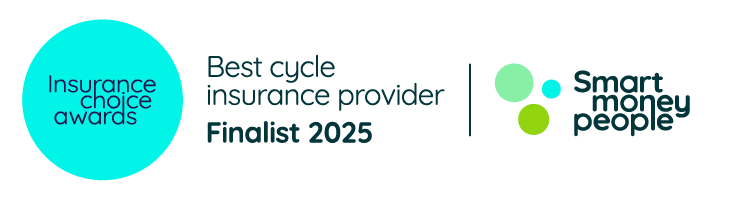 Insurance Choice Awards Best cycle insurance provider Finalist 2025 badge with Smart Money People logo.