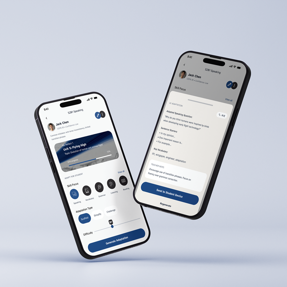 Two smartphones displaying a language learning app with user profiles, skill focus options, adaptation types, and speaking exercise instructions.