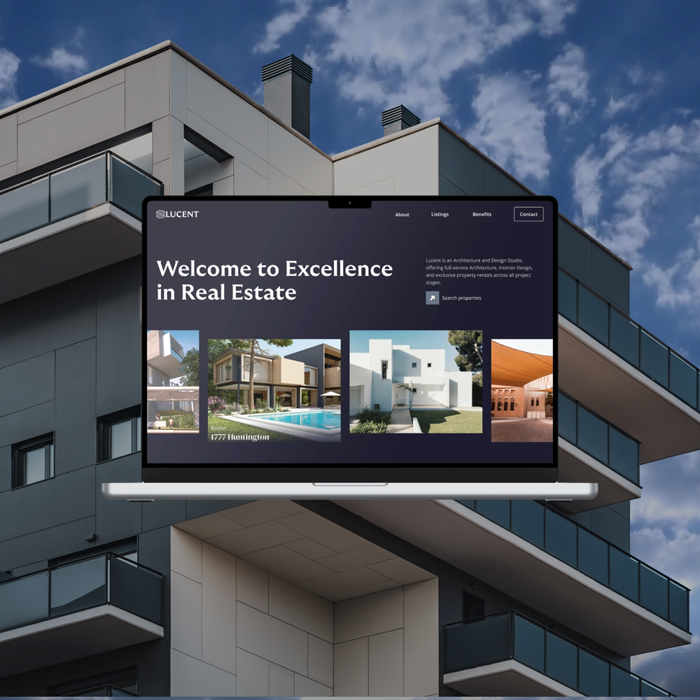 Laptop screen displaying Lucent real estate website with modern home images and welcome message, against a background of a contemporary building and blue sky.