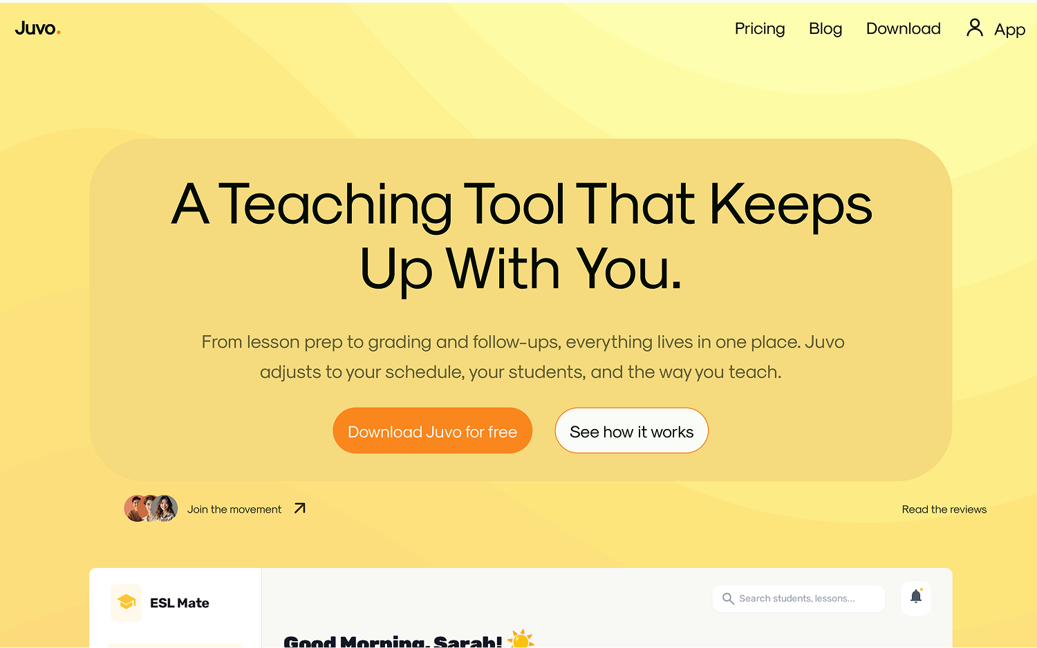 Juvo teaching tool homepage with headline, call-to-action buttons, and navigation links for pricing, blog, download, and app.