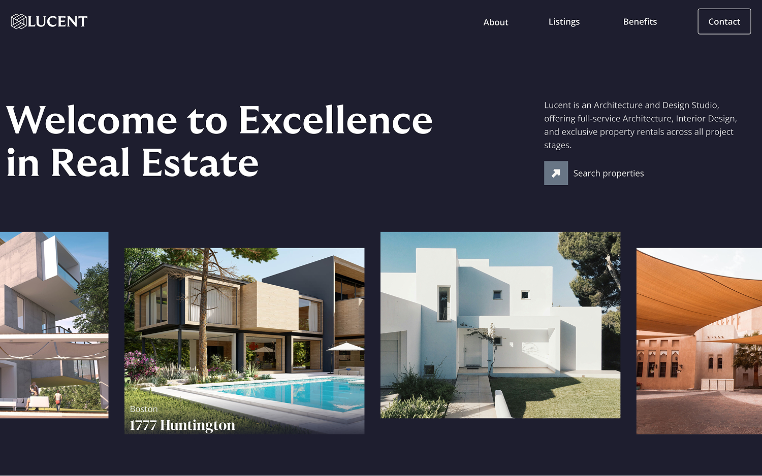 Real estate website homepage with modern house images and text 'Welcome to Excellence in Real Estate' and a description of Lucent's architecture and design services.