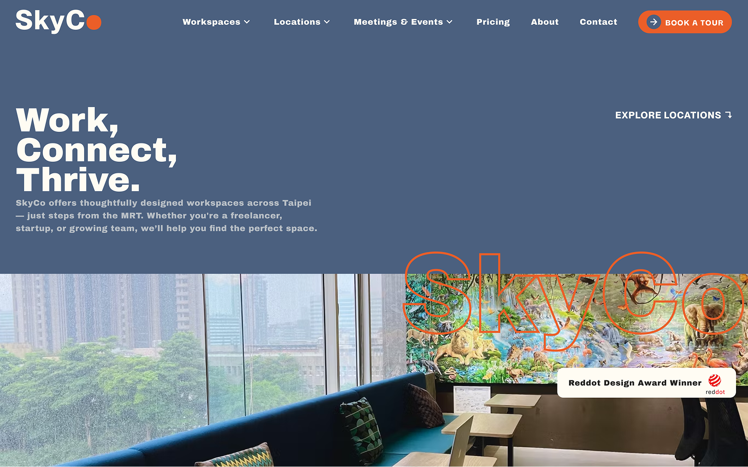 SkyCo workspace website header with navigation menu, tagline 'Work, Connect, Thrive.', and photo of a lounge area with large windows and colorful animal mural.