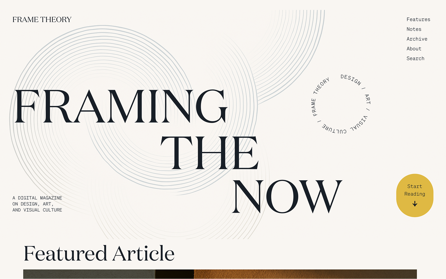 Website homepage of Frame Theory, a digital magazine on design, art, and visual culture, with large text 'Framing The Now' and navigation links.